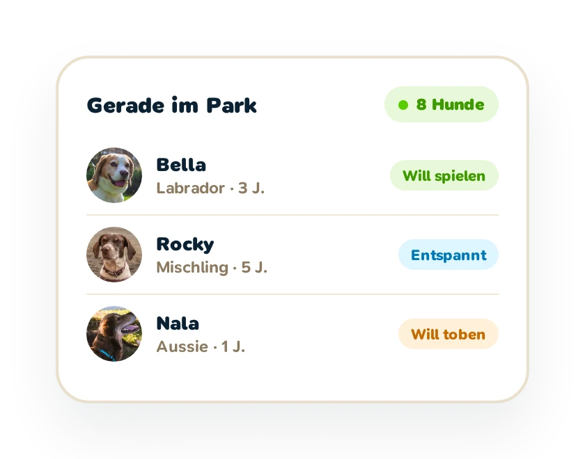 Live-Anzeige: welche Hunde gerade im Park sind
